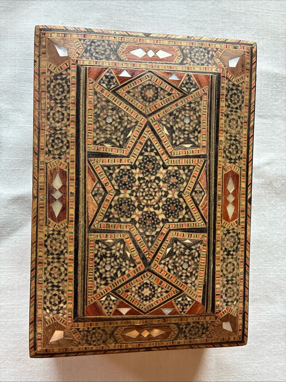 Marquetry Inlaid Wood Decorative Box - Geometric Star Pattern Mother of Pearl